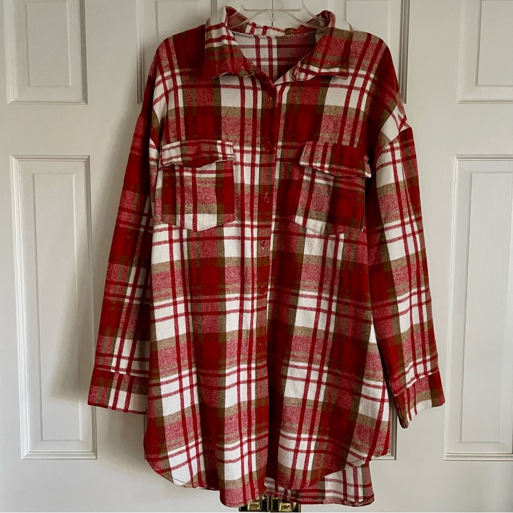 Red and Brown Plaid Button Up Shacket, Jacket, Size 4XL, EUC
